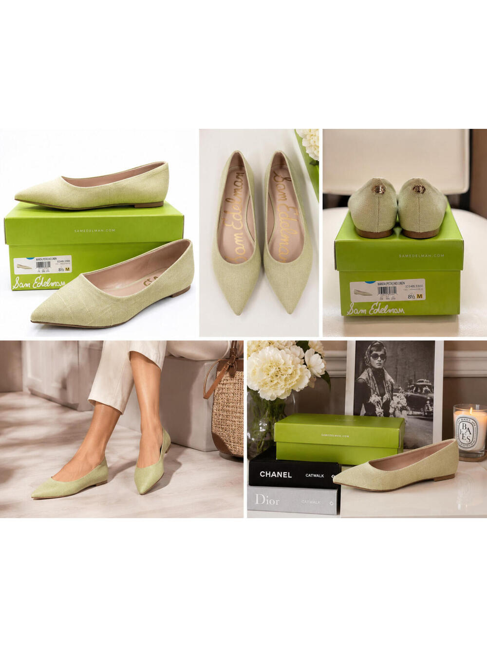 Sam Edelman Wanda Flats Pistachio Linen Pointed Toe Ballet Shoes Size 8.5M NIB